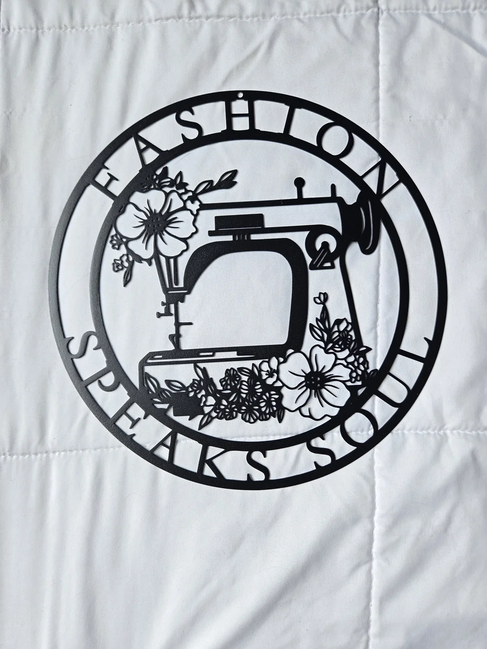Black Floral Sewing Machine Wall Art, Metal Sewing Sign- 'Fashion Speaks Soul'